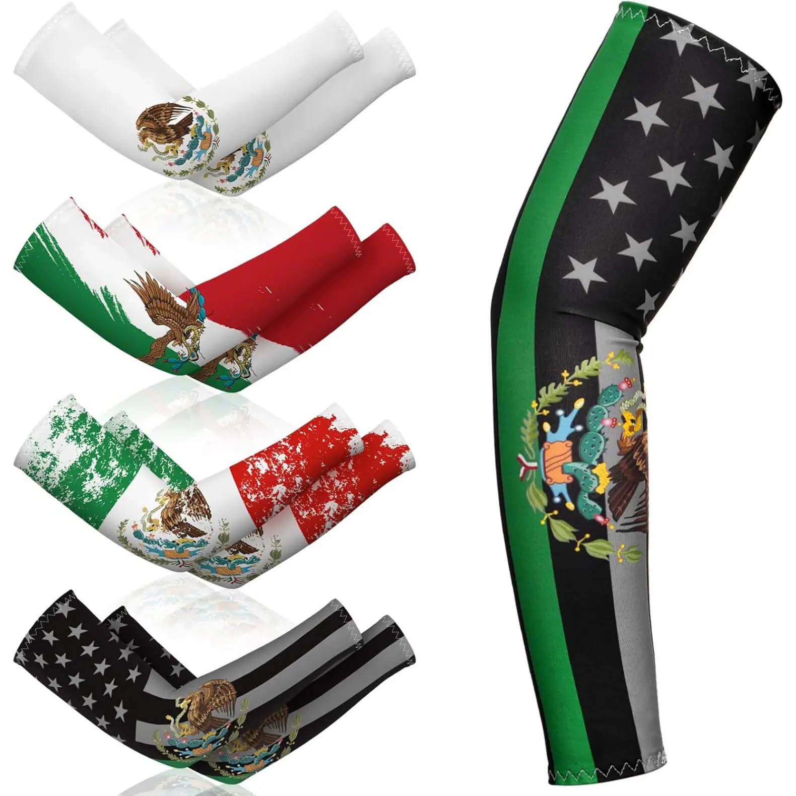 4 Pairs Unisex Cooling Arm Covers, Mexican & Puerto Rico Flag Sleeves with UV Protection, Breathable Quick Drying Fabric for Outdoor Sports Arm Warmers