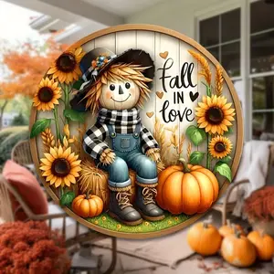 Charming Scarecrow and Fall Harvest Wooden Sign – 7.9"×7.9" Round Wreath Centerpiece for Door, Wall, Home & Porch, Home Decor Ornament