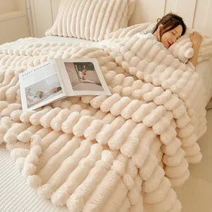 Ultra-Soft Thick Fleece Blanket Multi-Color, 3D Faux Rabbit Fur, Double-Sided, Ideal for All Seasons, Home, Office, Travel, Camping, Gift for All Occasions