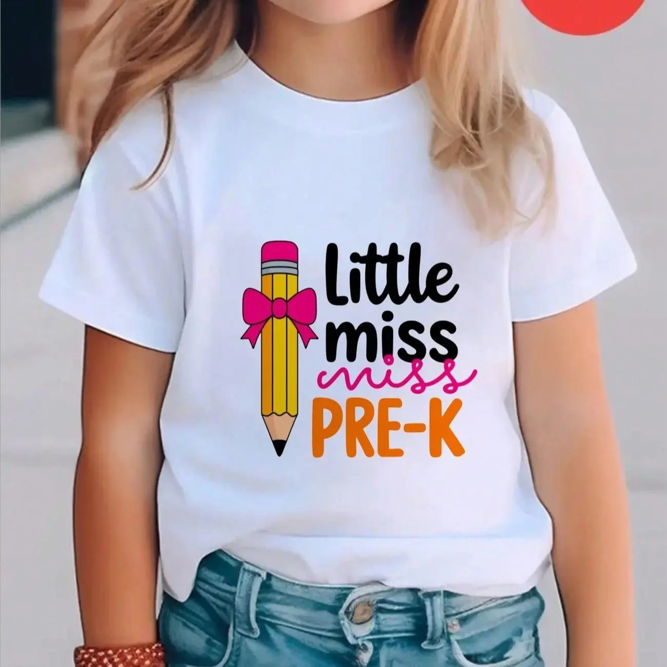 Little Miss Pre-K 100% Cotton T-Shirt for Girls with Pencil and Bow Graphic Design Cotton Tops For Kids Crew Neck Short Sleeve