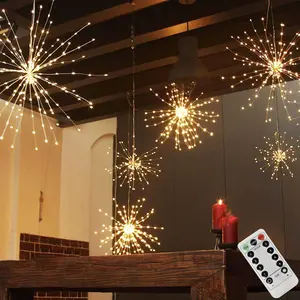 200LED Hanging Sphere Lights, Battery Operated Starburst Lights, 8 Modes Dimmable Remote Control, Waterproof Fairy Light, Copper Wire Light for Indoor Outdoor Christmas Decor (Warm White)