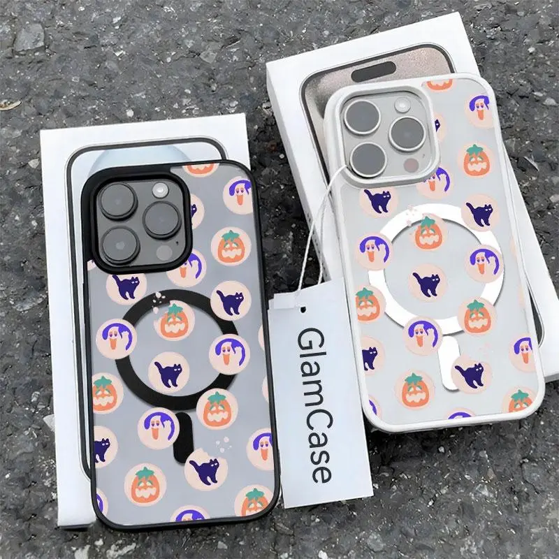 KKLLYY Hard Acrylic Shockproof Cellphone Shell - Pastel Purple Ghost, Black Cat, Pumpkin Dot Designs, Soft Minimal Halloween Doodle Style, Decorative Protection Cover for iPhone 12-18 Plus Pro Max, Sweet Spooky Wireless Holiday Gift with Cute Accessories