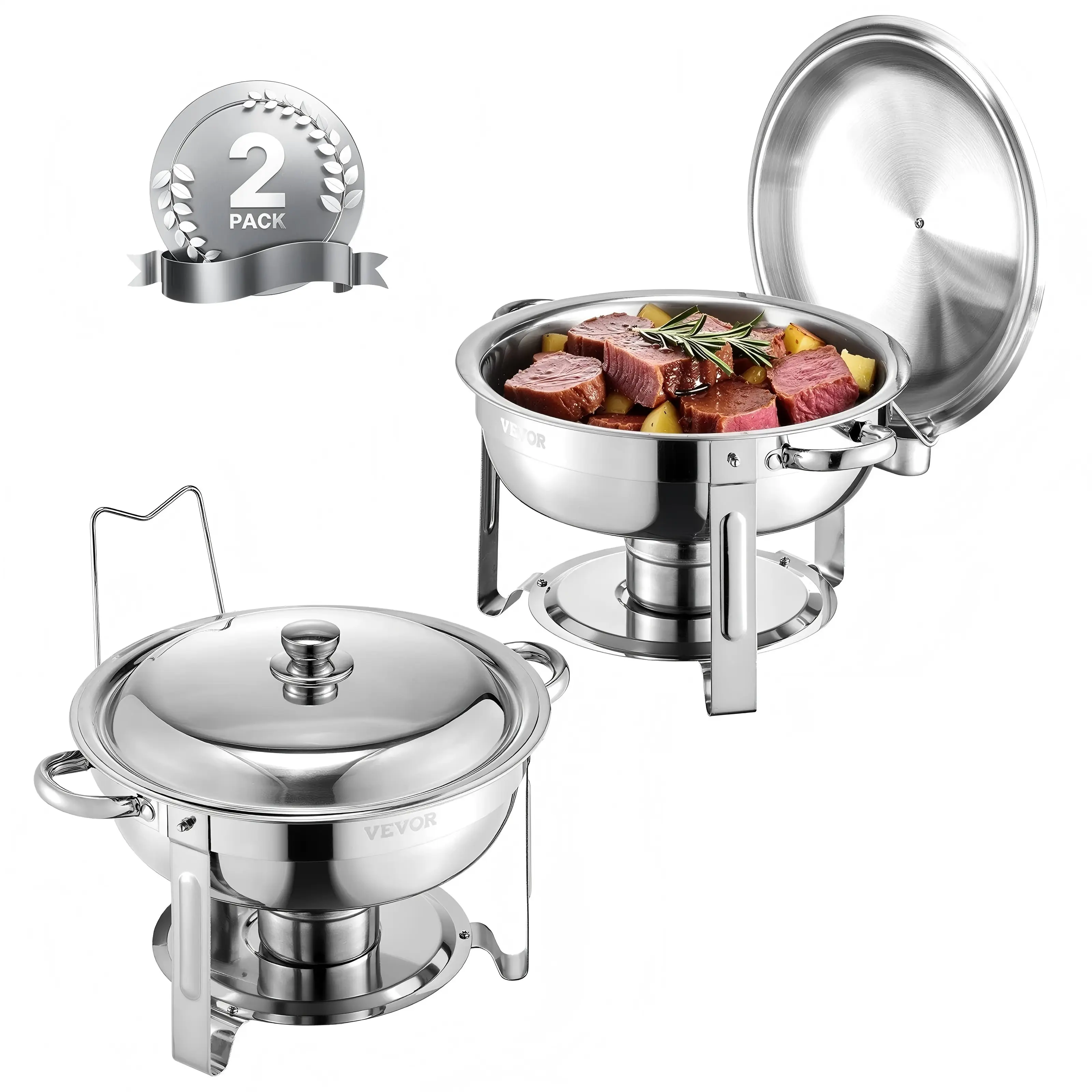 【Summerfinds】VEVOR Chafing Dish Buffet Set,  , 5 Qt 2 Pack, Stainless Steel Chafer with 2 Full Size Pans, Round Catering Warmer Server with Lid Water Pan Folding Stand Clip, for Weddings Parties Banquets, Silver