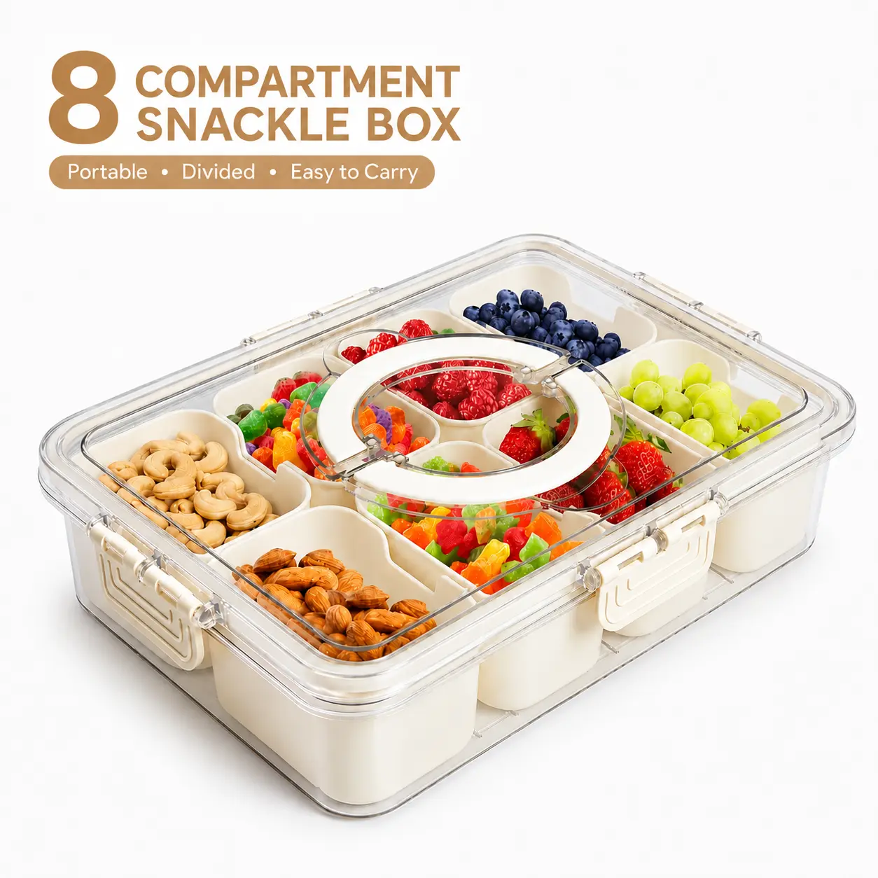 MIUVA 8-Compartment Snackle Box Container, Portable Divided Snack Tray Organizer with Secure Lid, Food Storage for Road Trips, Office Use, Snackle Boxes
