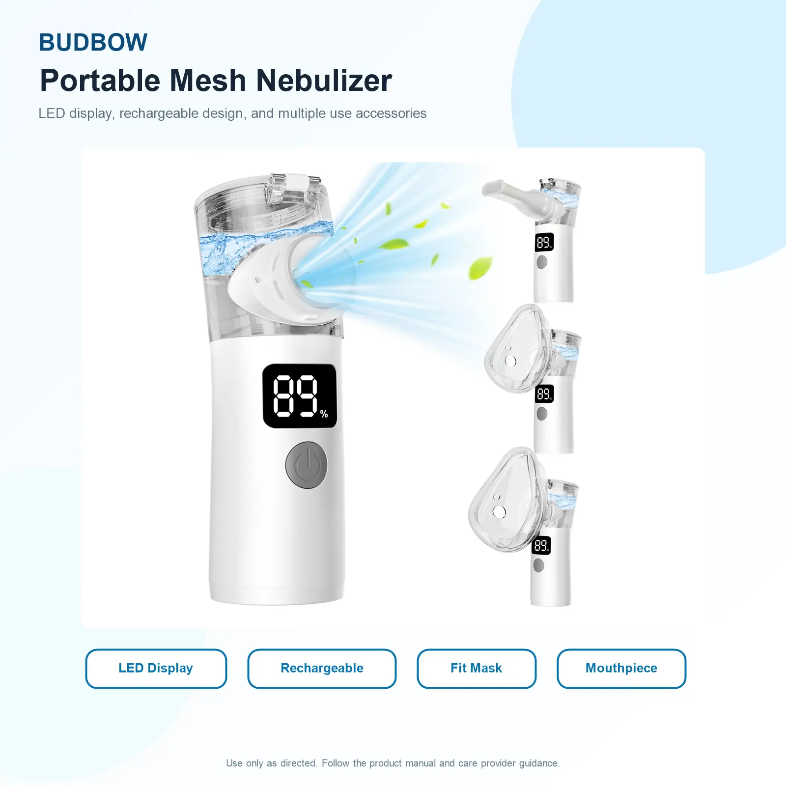 BUDBOW Portable Mesh Nebulizer Machine with LED Display, Rechargeable Handheld Nebulizer with Face Fitting Mask, Mouthpiece & Self Clean Mode