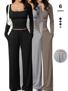 Women's 2-Piece Loungewear Set, Square-Neck Long-Sleeve Crop Top and High-Waisted Wide-Leg Drawstring Pants with Pockets, Casual Sportswear for Everyday Wear and All Seasons