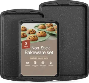 [New deal] - Cookie Sheet 3 Piece Set - Non-Stick, Stackable Baking Pans, Gray marble Deluxe Ceramic Coating – Dishwasher Safe - for Home Baking
