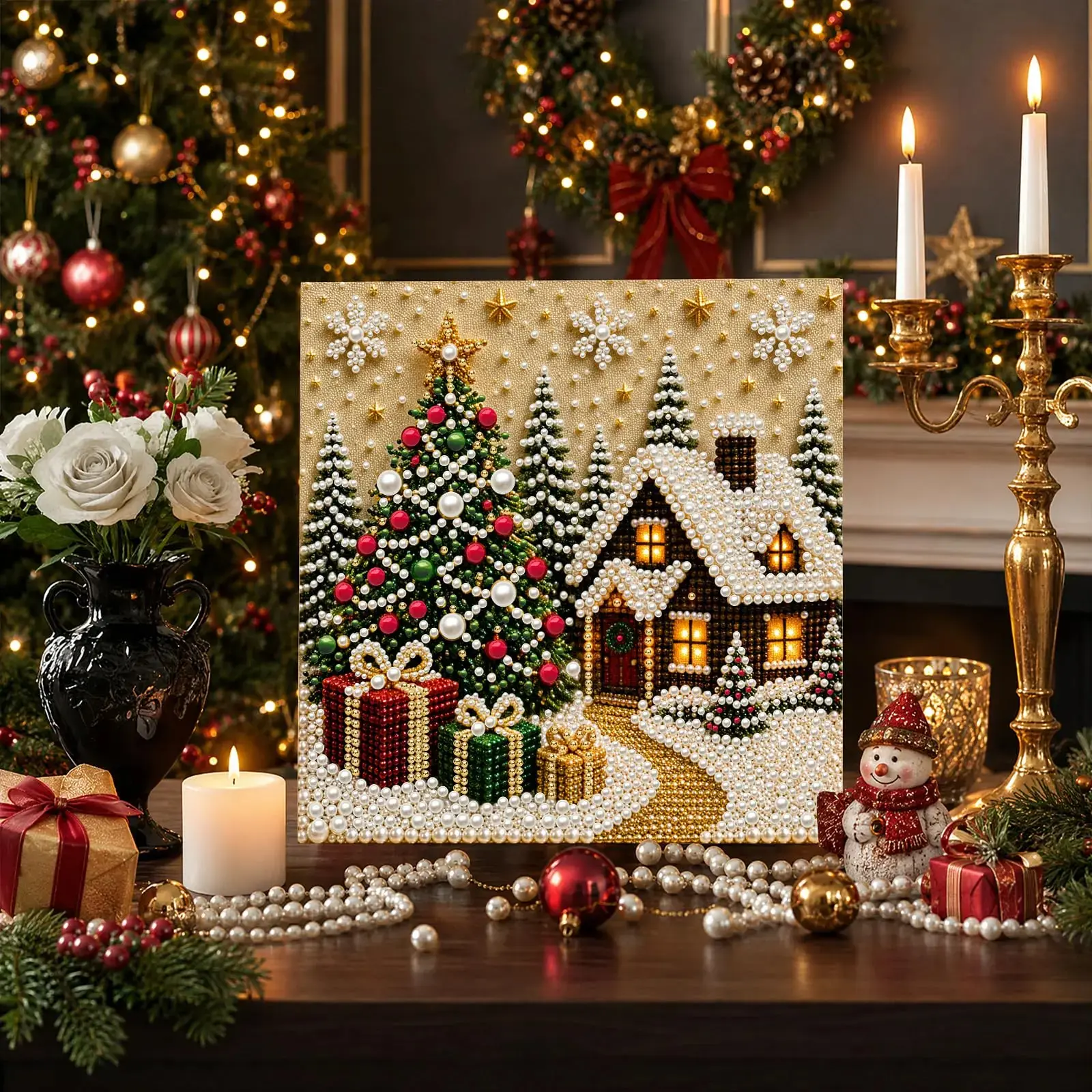 10‘’x10‘’DIY Christmas Pearl Diamond Painting Art Kit with Frame, Beads Art Craft for Adults & Beginners, Gemstone Diamond Dots Beads Painting for Christmas Wall Decor
