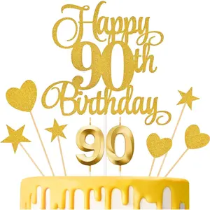 90th Birthday Cake Toppers Set Numeral Birthday Candles Glitter Cake Decorations for Birthday Party Supplies Gold