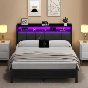 Queen Size Upholstered LED Bed Frame with Storage Headboard, Built-in Charging Station & Heavy Duty Metal Slats Support, No Box Spring Needed, Noise-Free (Black/White)