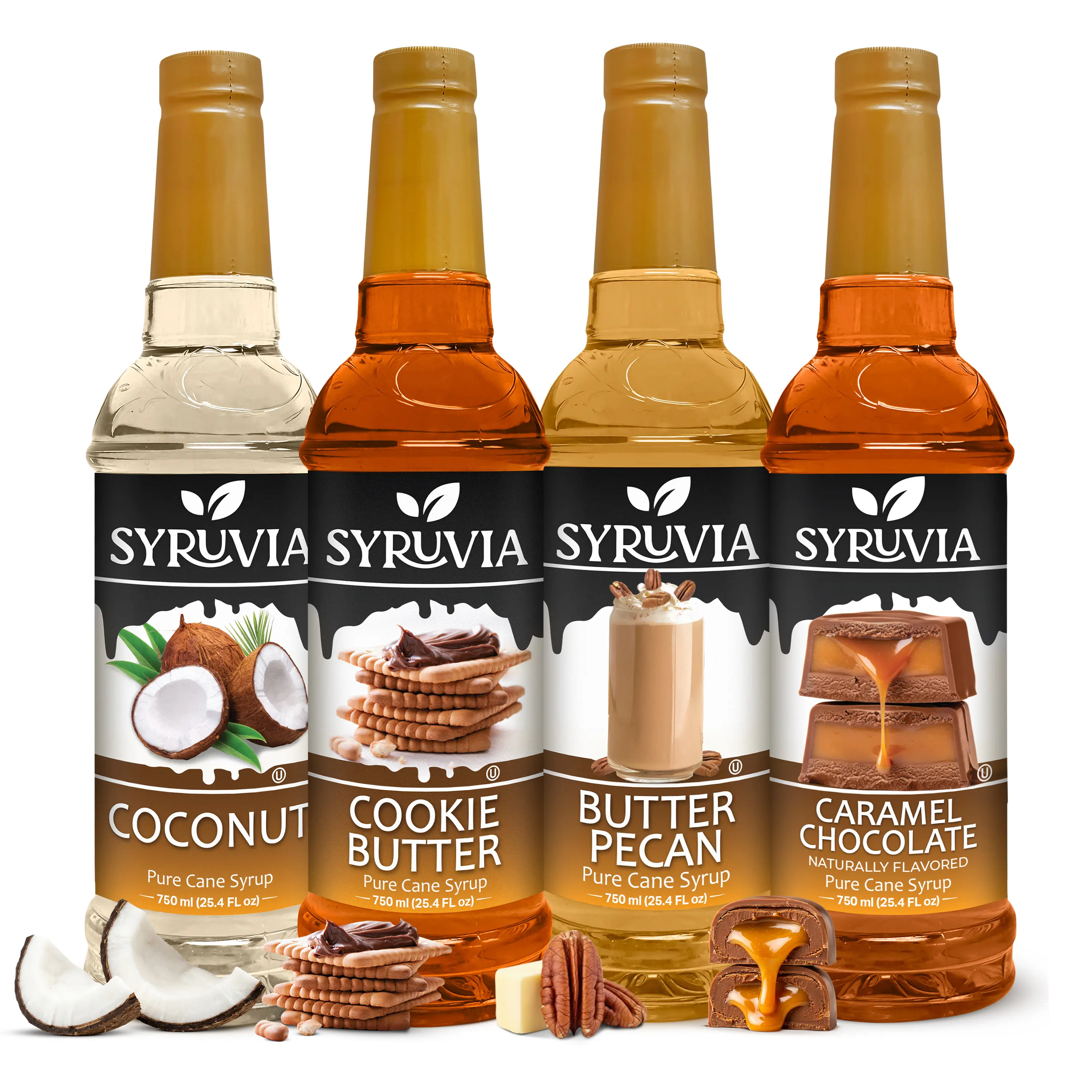 Syruvia Creamy Dessert Variety Pack – Coconut, Cookie Butter, Butter Pecan & Caramel Chocolate Flavored Syrup – Great for Lattes, Desserts & Milkshakes – 25.4 Fl oz (4 Pack)