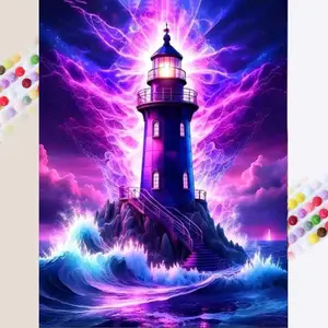 1 set of DIY diamond painting kit, 5D diamond art set, DIY decoration lighthouse, sea waves, purple light mosaic, diamond art, DIY art home decoration.