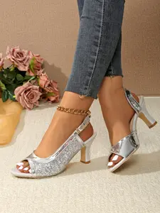Women's Sequin Design Shoes, Fish Mouth Open Toe, Adjustable Back Strap, Breathable, Perfect for Parties, Weddings, Dates