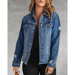 Christmas 2025 NYE 2026 Outfit Y2K Distressed Denim Jacket Multi Color Blue Black Brown White Oversized Fit Soft Fabric Winter Layering TikTok Trendy Women’s Outerwear Holiday Party Casual Wear Gift For Her 2025 Necooer button front denim jacket fashion