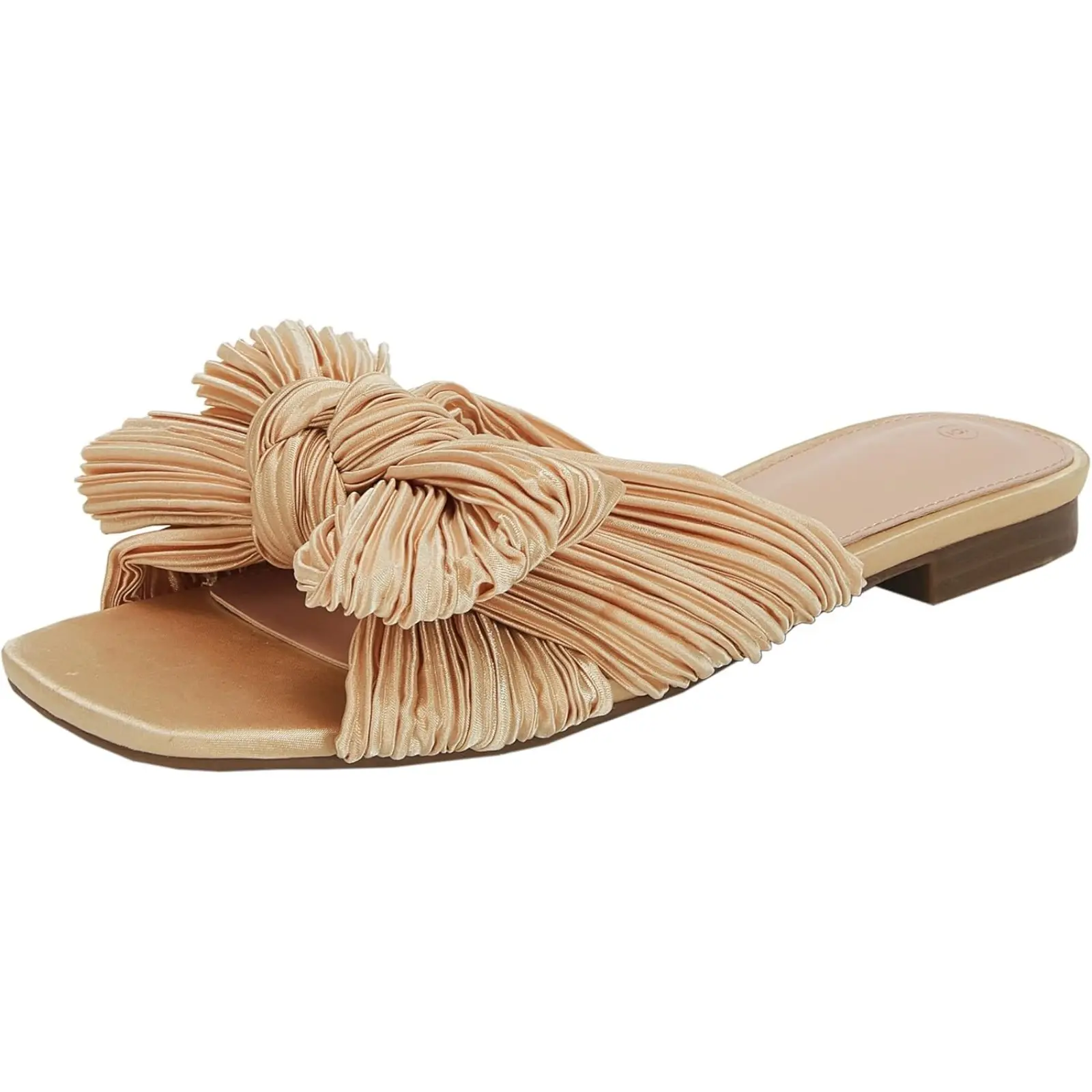 COUTGO Women's Pleated Bow Flat Sandals Open Square Toe Slip on Slide Sandals