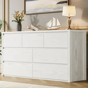Modern 7 Drawer Dresser for Bedroom – Wide Wooden Chest, Large Storage Organizer for Living Room, Hallway or Entryway, Handle-Free Design, Anti-Tip Safety