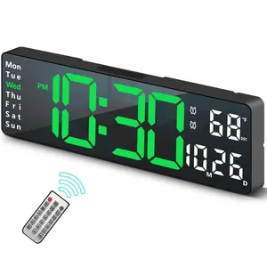 Digital Clock, Digital Wall Clock for Living Room Decor, Desk Alarm Clock for Bedroom, Large Wall Clock with Remote Control, Automatic Brightness Dimmer LED Clock with Date Temperature Week (Green-B) Light Set