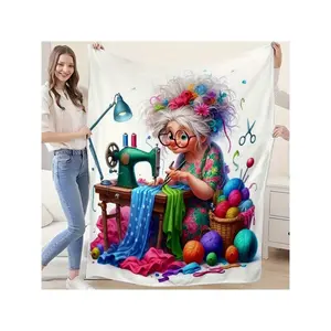 Vibrant Whimsical Sewing Grandma with Yarn Balls & Sewing Machine Cozy Throw Blanket