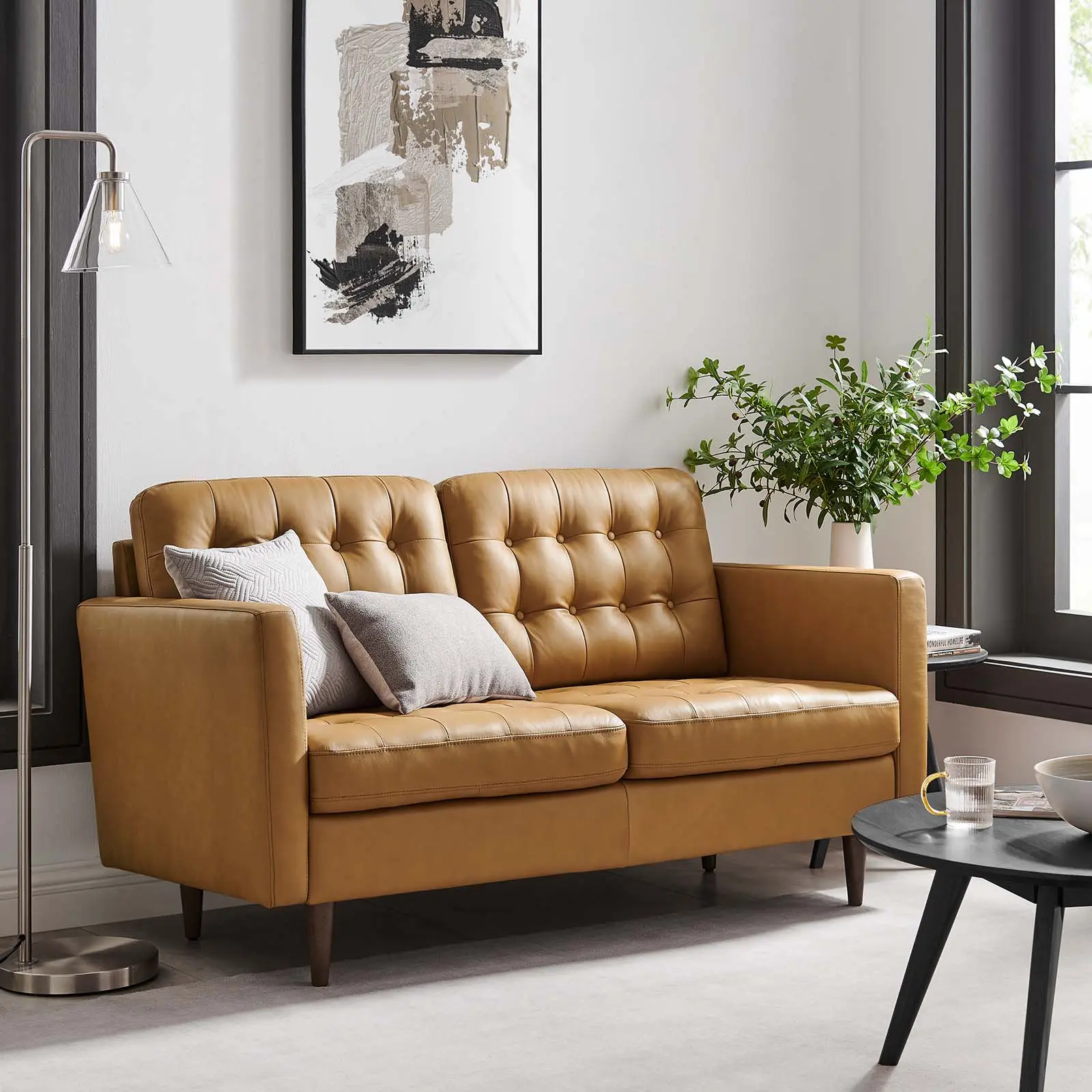 Modway Exalt Tufted Leather Loveseat, Tan Modern Sofa - Upholstered Couch, Contemporary Design, Midcentury Modern Comfy Indoor Furniture, Comfy Couch