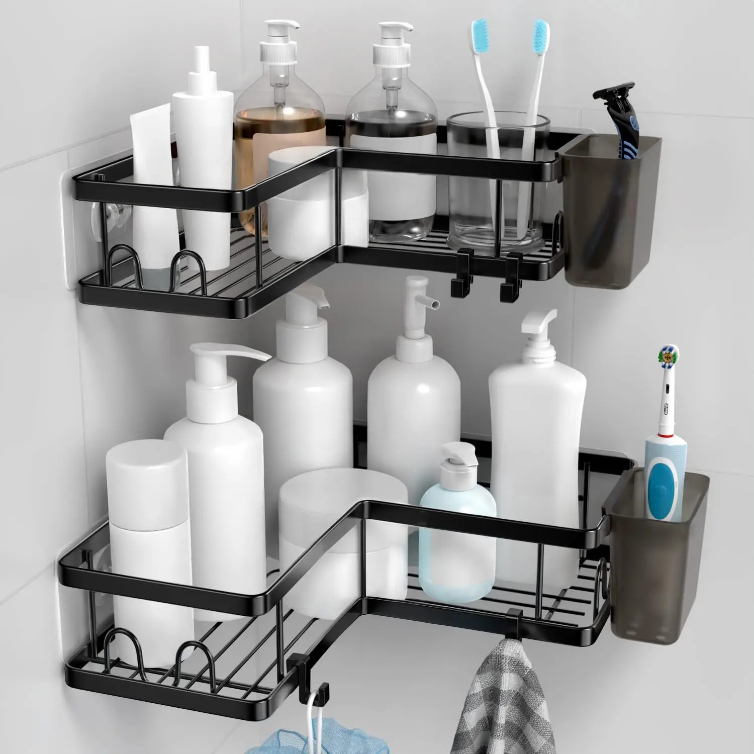 2-Pack Stainless Steel Shower Corner Caddy Shelves, No-Drill Adhesive Wall-Mounted Shower Organizers, Bathroom Necessities Storage Rack with Hooks & Toothpaste Holder (For 90° Corners Only)