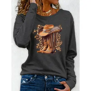 Women's Western Cowboy Print Long Sleeve T-Shirt - 100% Loose Fit Round Neck Casual Top with Cowboy Boots and Horseshoe Design, Breathable All-Season Shirt Suitable for Country Music Fans and Western Style (Machine Washable)