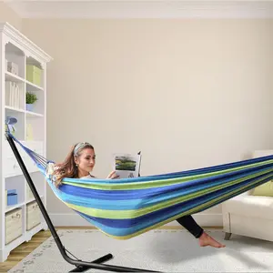 Blue Striped Outdoor Garden Canvas Camping Hammock, Portable Swing Bed, 74.8x31.5 Inches, Perfect for Indoor & Outdoor Use