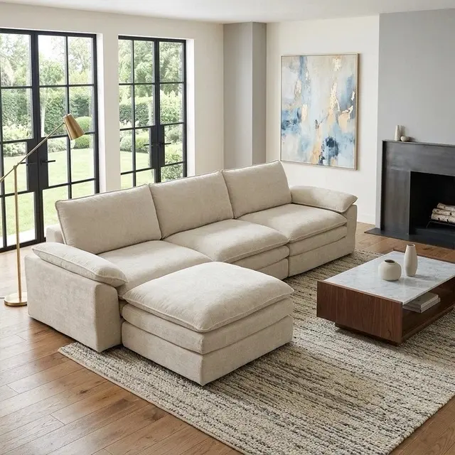 Oversized L-Shaped Boneless Couch, Modular Sectional Sofa Bed W/ Movable Ottoman