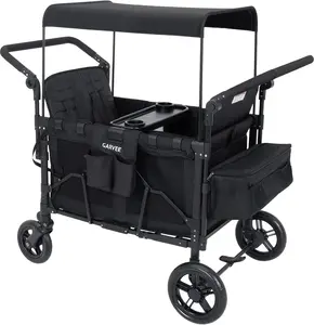 4 Seater Wagon Stroller - Premium All-Terrain Wagon for Kids with Snack Tray, Removable Canopy, Adjustable Push/Pull Handle & Fold, Black