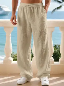 Men's Linen Classic Casual Straight Leg Pants, Breathable Comfortable Fashion Long Trousers, Perfect for Outdoor Travel Vacation Daily Wear Clothes