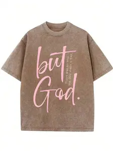 Vintage But God There Was No Way But God Made A Way Christian T-Shirt, Washed Brown Cotton Oversized Short Sleeve Tee, Pink Script Inspirational Faith Casual Crewneck Shirt