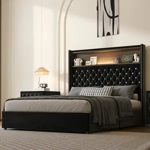 Full Size Platform Bed with 52'' High Storage Headboard, with Rivet Decoration, Velvet Full Bed Frame with USB Port and Night Light, Wing-Back Upholstered Bed, No Box Spring Needed, Black