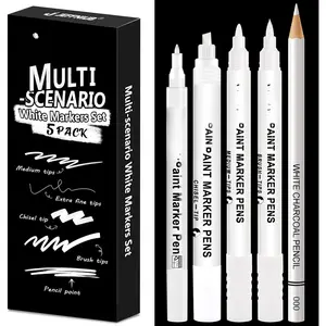 White Marker Pen for Art 5 count, White Highlighter Pen Set with Brush Pen, Fineliner, Pencils,   Pens for Black Paper Writing, Drawing