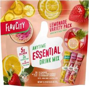 FlavCity Anytime Essential Lemonade Variety Pack Drink Mix Sticks with Collagen, Fiber & Electrolytes, 3 Lemonade Flavors, Water Enhancer, 30 Packets