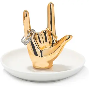I LOVE YOU Hand Ring Holder Ring Dish Ceramic Jewelry Holder Dish Trinket tray for Rings Earrings Necklace Organizer, Engagement Wedding Ring Holder, Christmas Birthday Gifts (Golden)