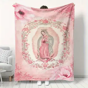 Holy Lady Printed Flannel Blanket Soft Cozy Lightweight Plush Portable Cover For Sofa Warm Gift For Birthday Christmas Multiple Blankets Cute Cat Pattern Heavenly Mother Illustration