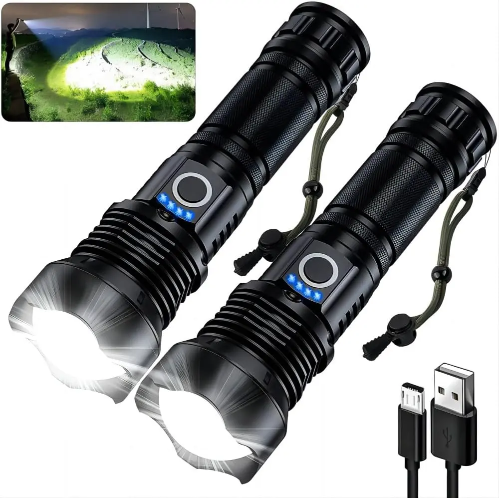 2 Pack Rechargeable Flashlights 9000 High Lumens, Super Bright 12 Hours Long Life LED Flashlight with 5 Modes, High Powered Flash Light for Home, Outdoor