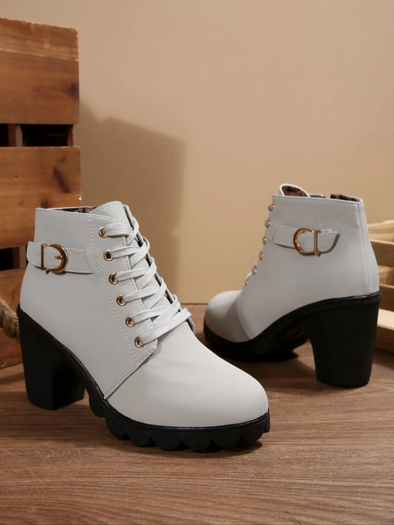 Women's Lace-Up Chunky Heel Fashion Short Boots Thick Heeled Boots Heeled Boots Dress Boots, Boot Heels, Metal Buckle Decor, Casual PU Leather, Spring & Fall, Blue, Footwear