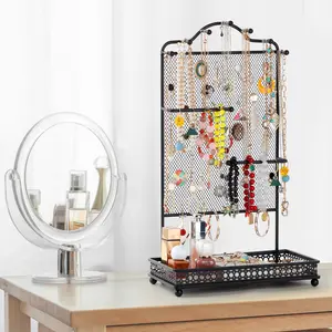Jewelry Tree Stand Organizer 3in1 Necklace Organizer Display Bracelet Earrings and Ring Tray Jewelry Holder Hanger Metal（White）