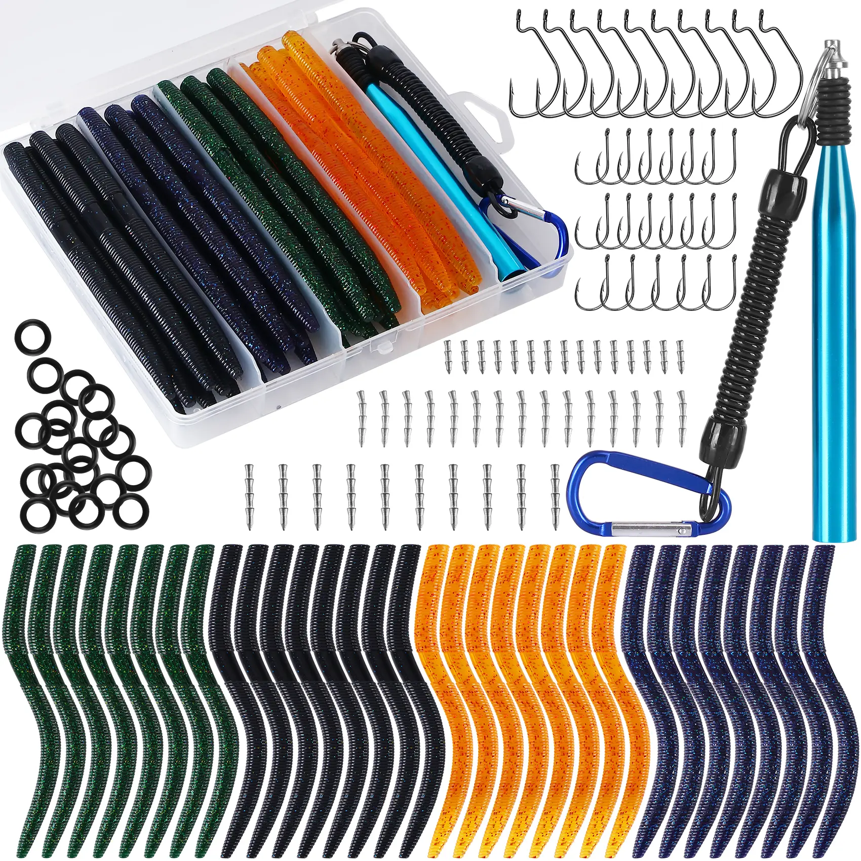 Wacky Worm Fishing Lure Kit, 133PCS Fishing Equipment with Soft Plastic Worms, Grub Baits, Hooks for Bass & Trout, Includes Tackle Box, Ideal Gift for Dads & Husbands, Boyfriend