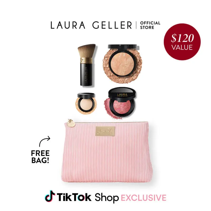 Laura Geller Daily Routine Natural Finish Full Face Kit 4 PC Baked Balance-n-Brighten Foundation, Blush, Highlighter, Kabuki Brush, + FREE Makeup Bag - Makeup Tools, Makeup Over 40