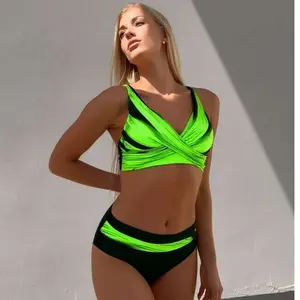 Neon Green Bikini Set Women's Two Piece Swimsuit High Waisted Black Trim Vibrant Color Block Bathing Suit Adjustable Straps Summer Beach Pool Quick Dry Comfortable Fabric Blend