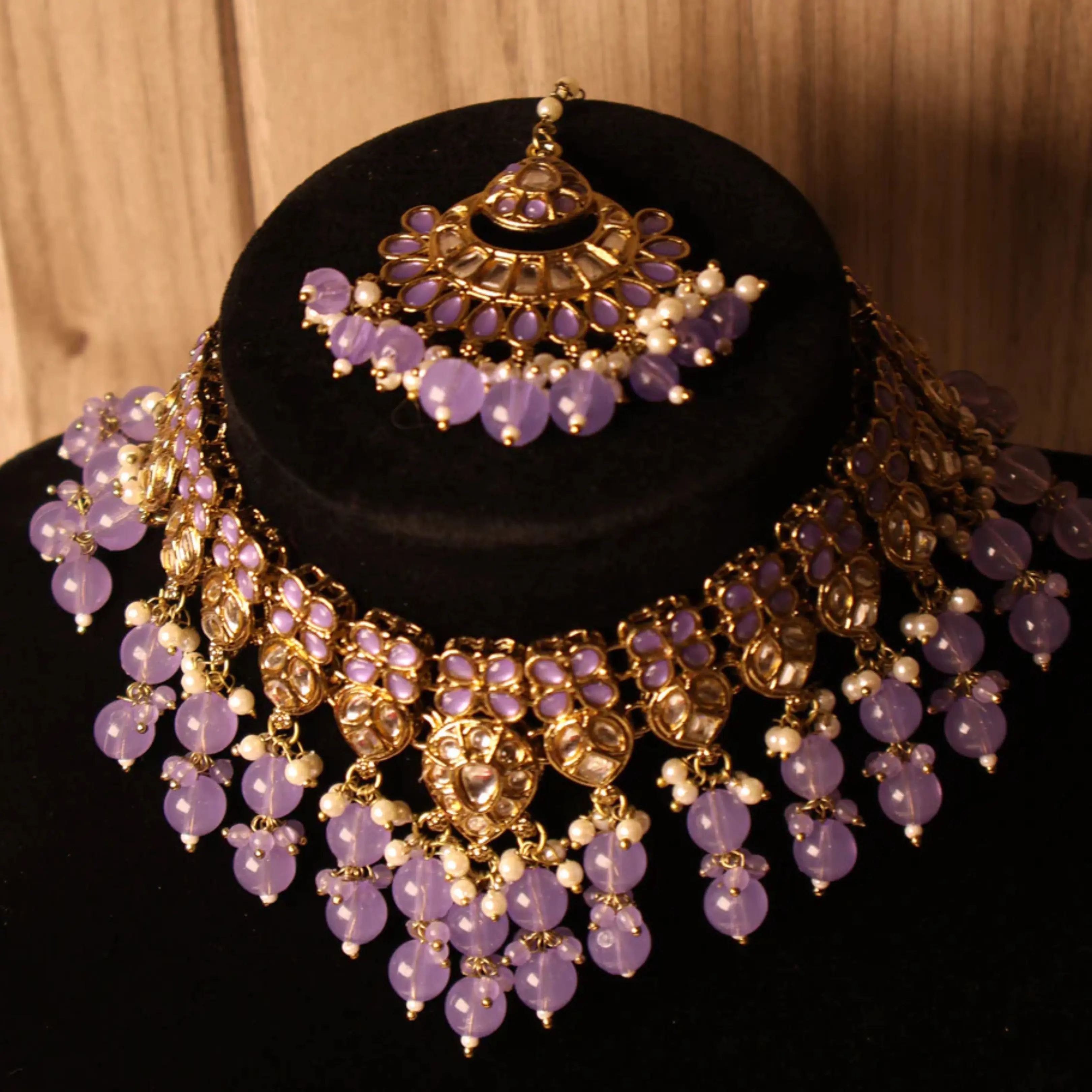 SUMBAL Lilac & Gold Kundan Bridal Choker Set with Tikka & Earrings | South Asian Indian Pakistani Wedding Jewelry