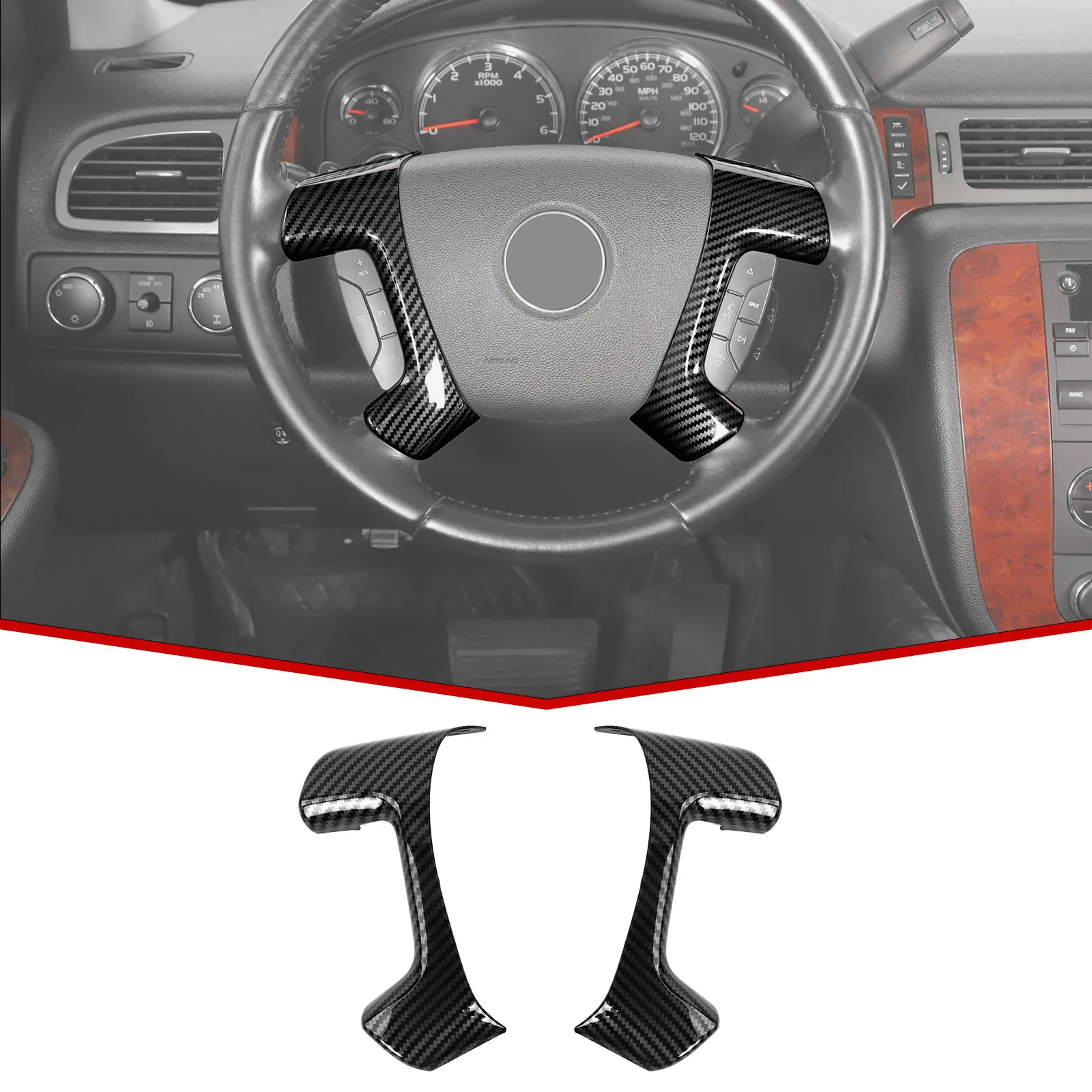 Custom-Fit Steering Wheel Trim Cover for 2007-2013 Chevy Suburban/Avalanche/Tahoe & GMC Sierra - Red Black Carbon Fiber, Woodgrain, Red Woodgrain Style all-season car accessory, Abs Plastic, Truck Steering Wheel Covers