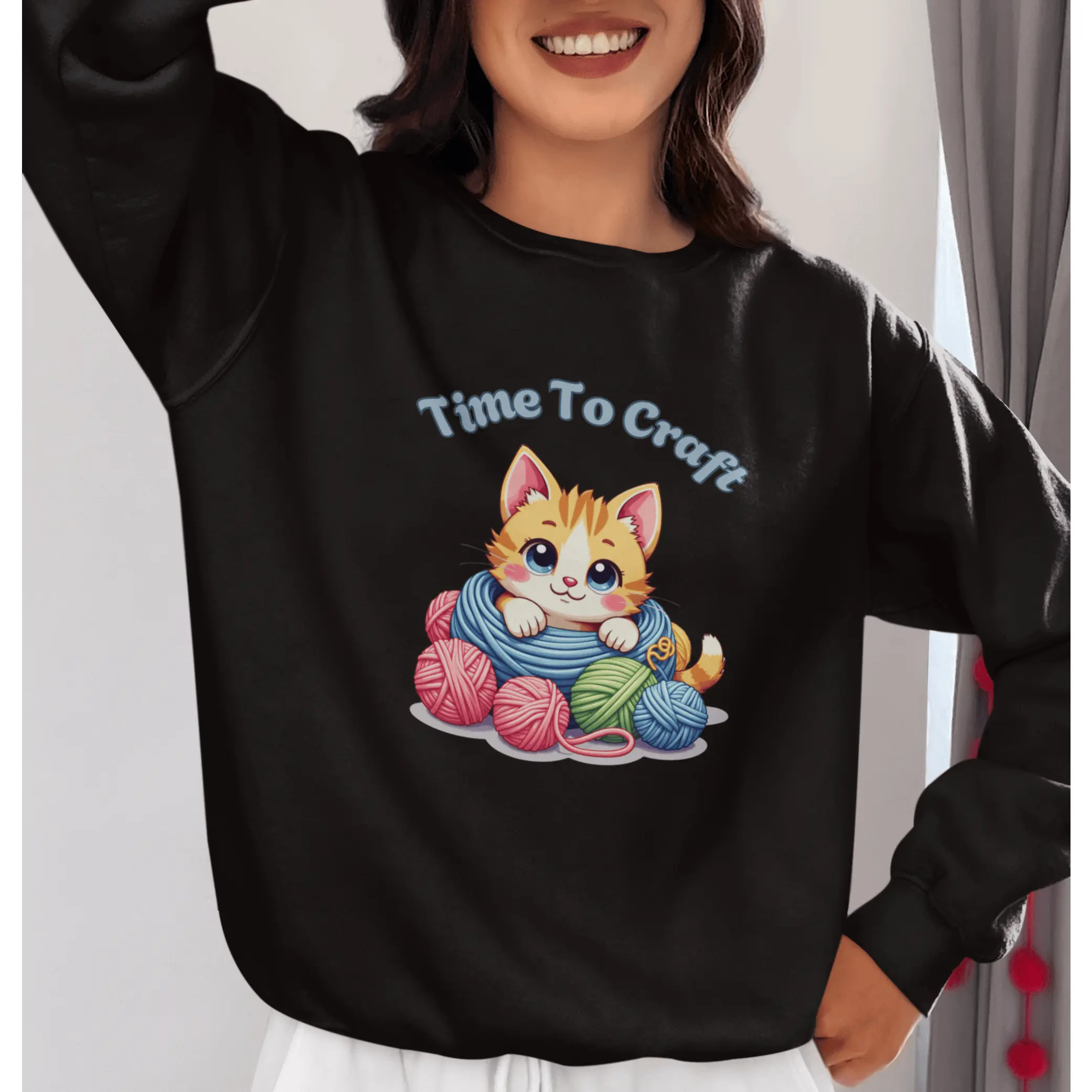 Time to Craft Sweatshirt, Cute Cat Craft Sweatshirt, Knitting Gift, Cozy Crewneck, Crafting Lover Apparel, Gift Idea for Cat Lover