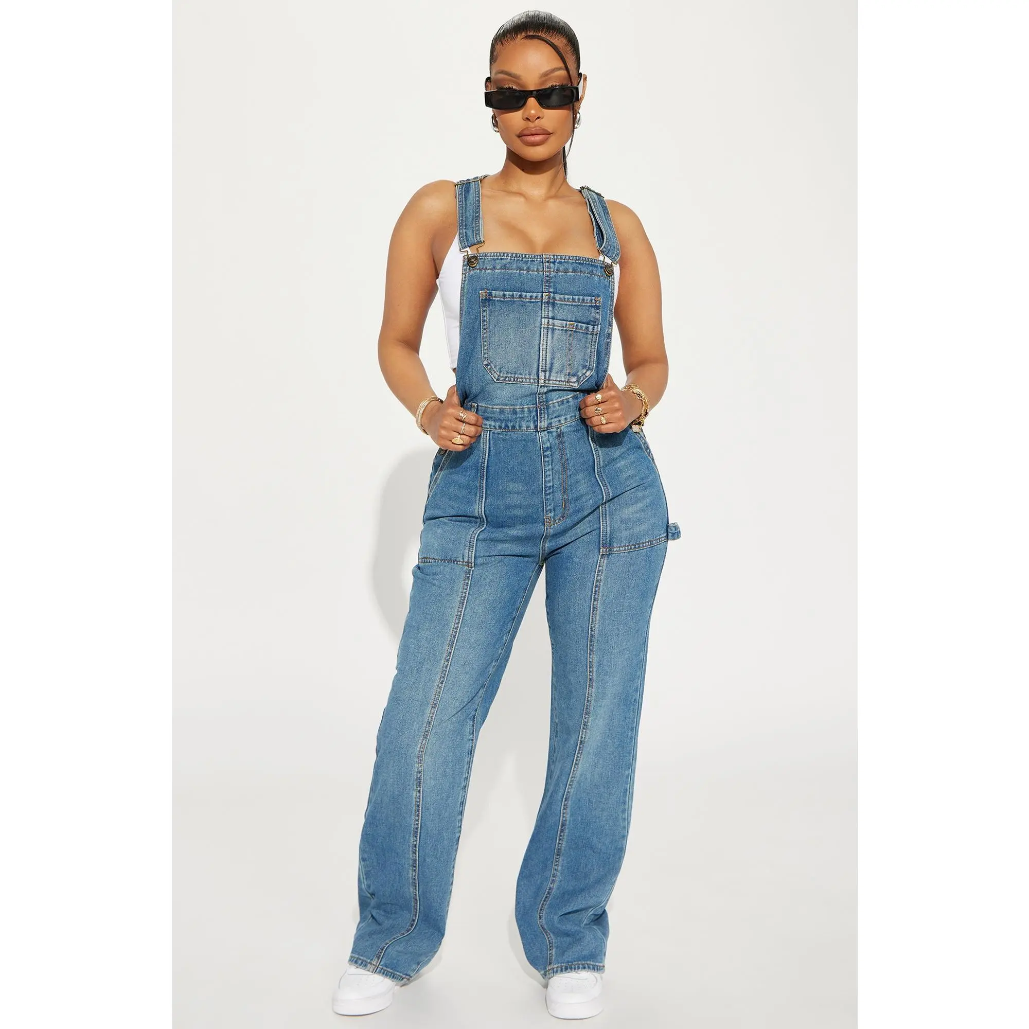 No Limits Seamed Utility Denim Overalls - Medium Wash