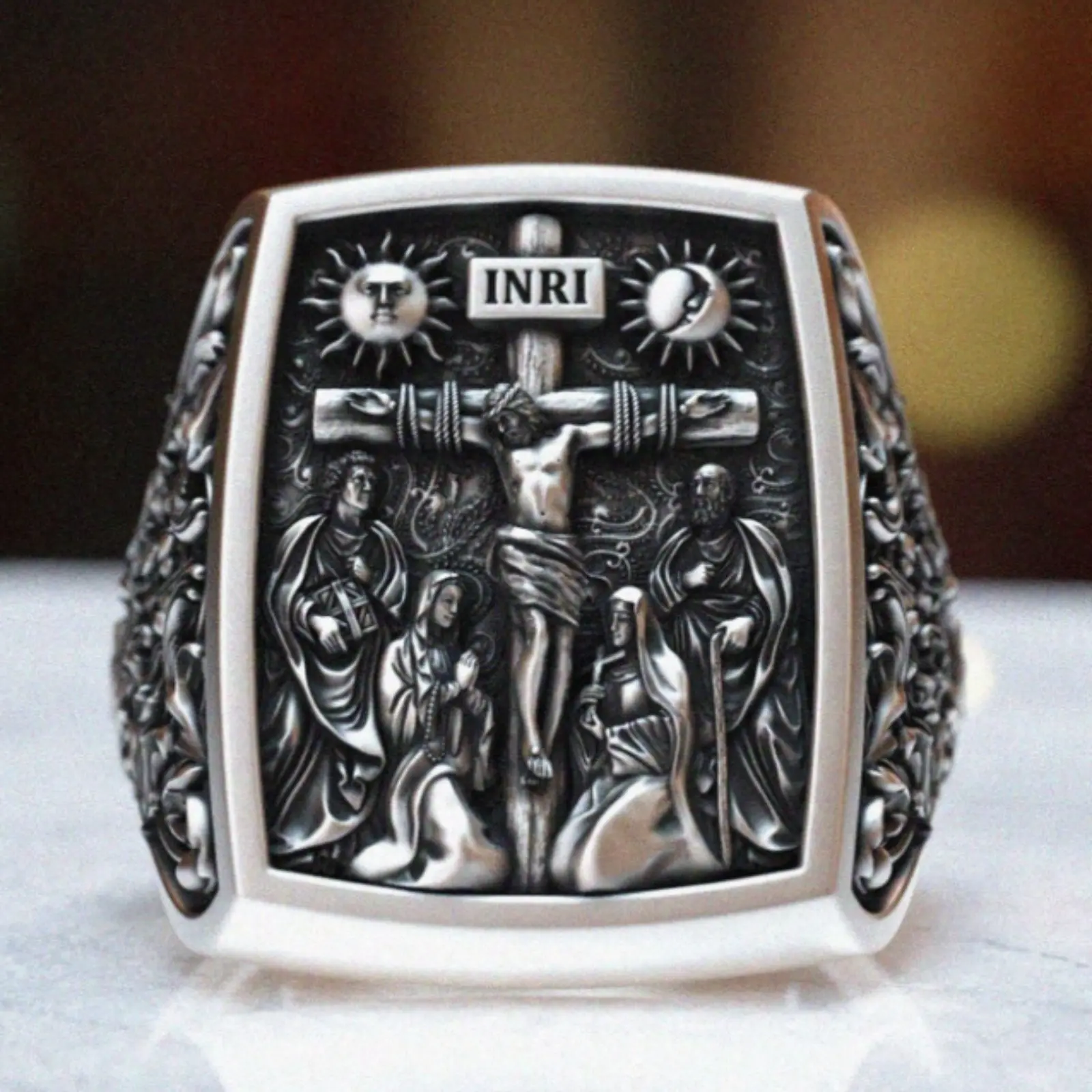 Men's silver plated cross and Jesus prayer ring