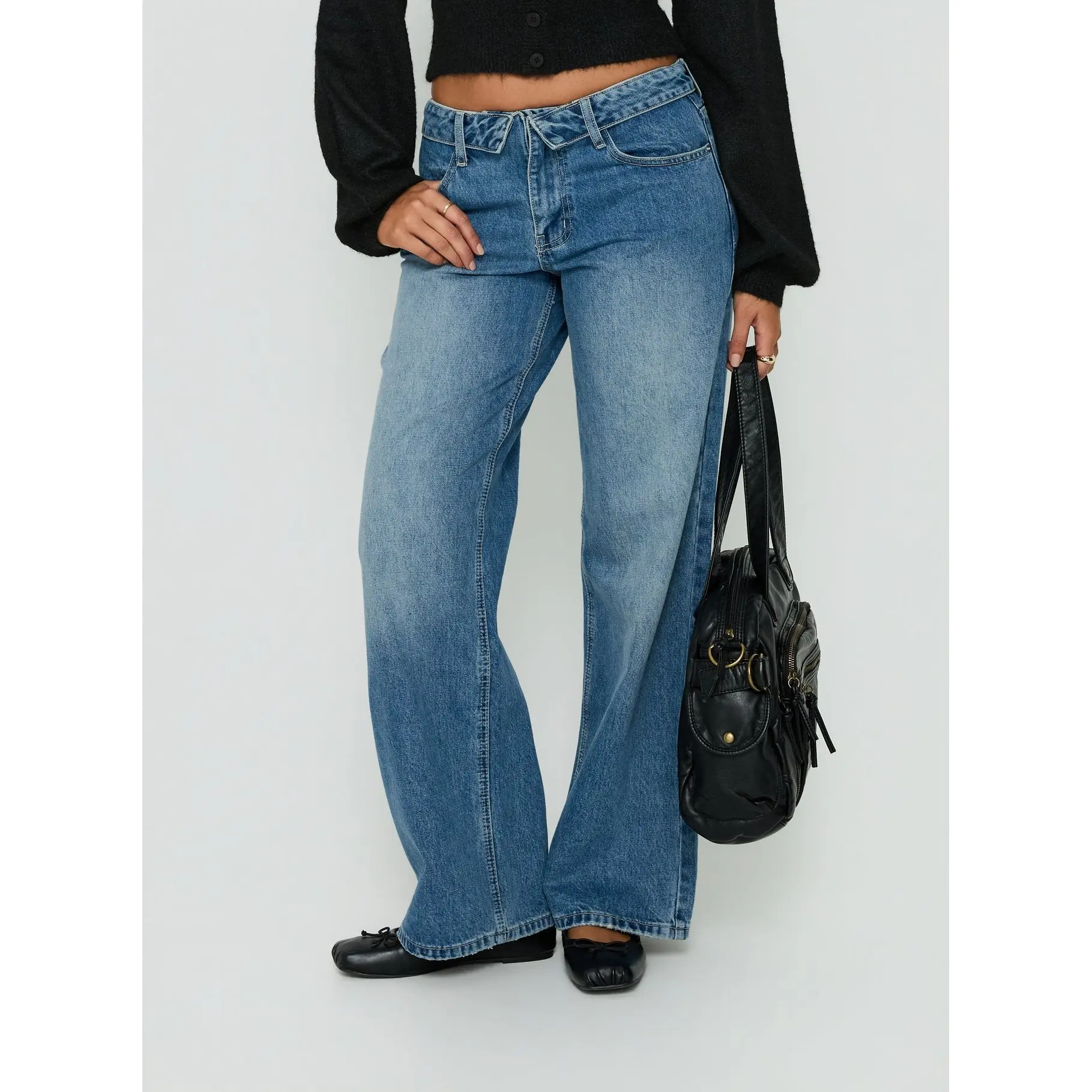 Serenitia Mid Rise Foldover Relaxed Jeans Vintage Mid Blue