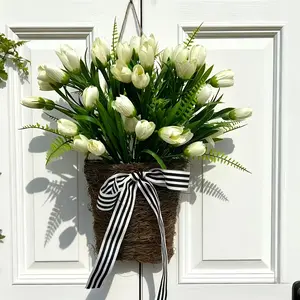 Farmhouse Milk Tulip Hanging Basket, Rustic Style with Striped Bow, Artificial Floral Arrangement, Flower Arrangements for Front Door, Wedding Decor, Outdoor Window Sill, Outdoor Fake Flowers, Artificial Flowers