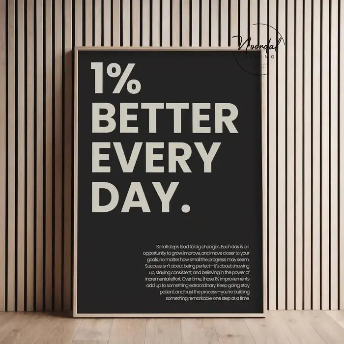 Motivational poster 1% better every day print gym wall art inspirational soft black and light beige