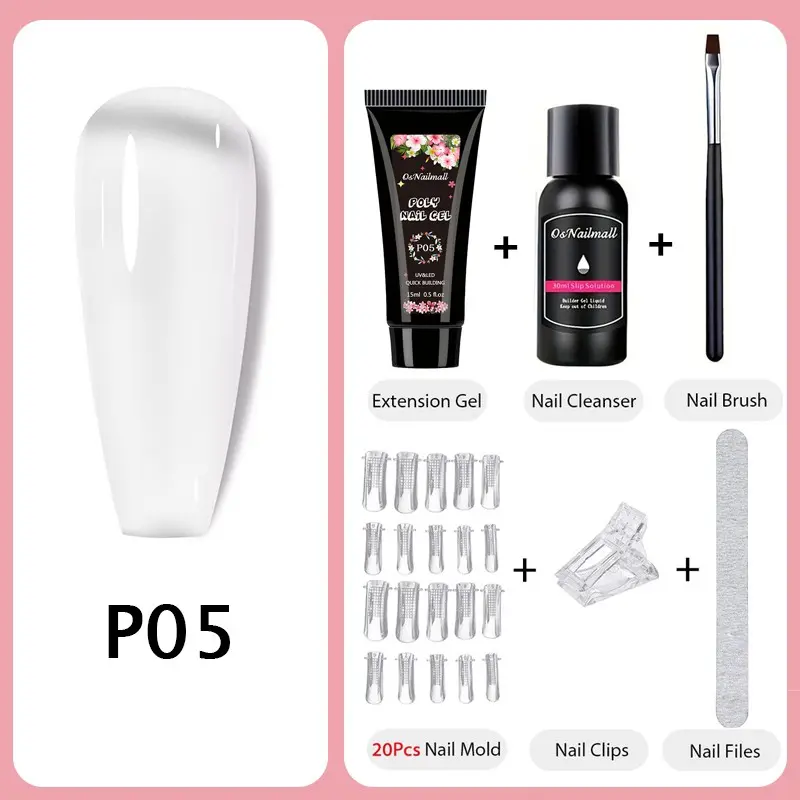 OsNailmall 6pcs Polygel Nail Kit Poly Gel Nail Extension Kit with Brush, UV LED Cured, Semi Permanent, 20 Nail Forms & Acrylic Powder, DIY Nail Art Salon, Nail Art Kits, Nail Design Kit Poly Gel Set